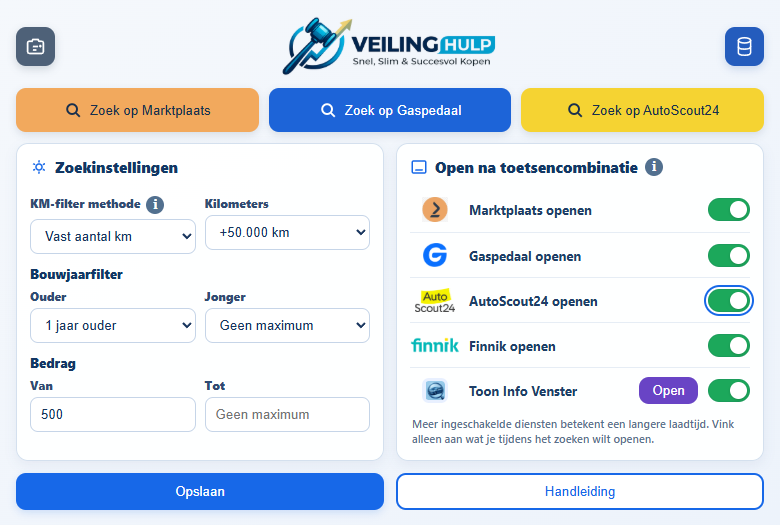 Voorbeeld van de VeilingHulp-extensiepopup