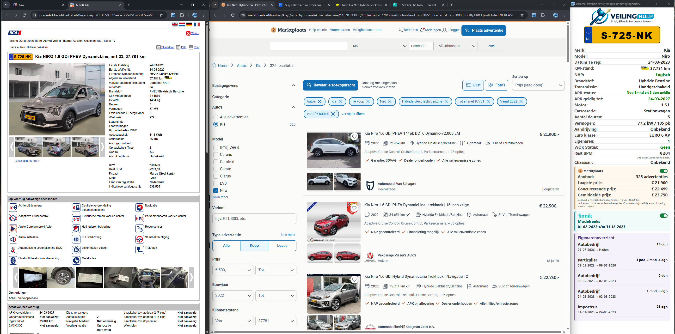 VeilingHulp naast een BCA-voertuigpagina en een Marktplaats-vergelijking